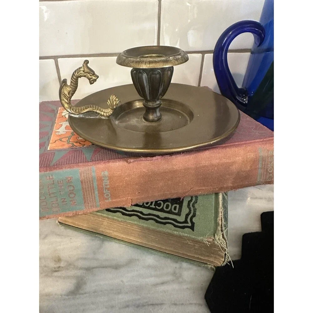 Vintage Brass Dragon Handle Candlestick Candle Holder Chamberstick